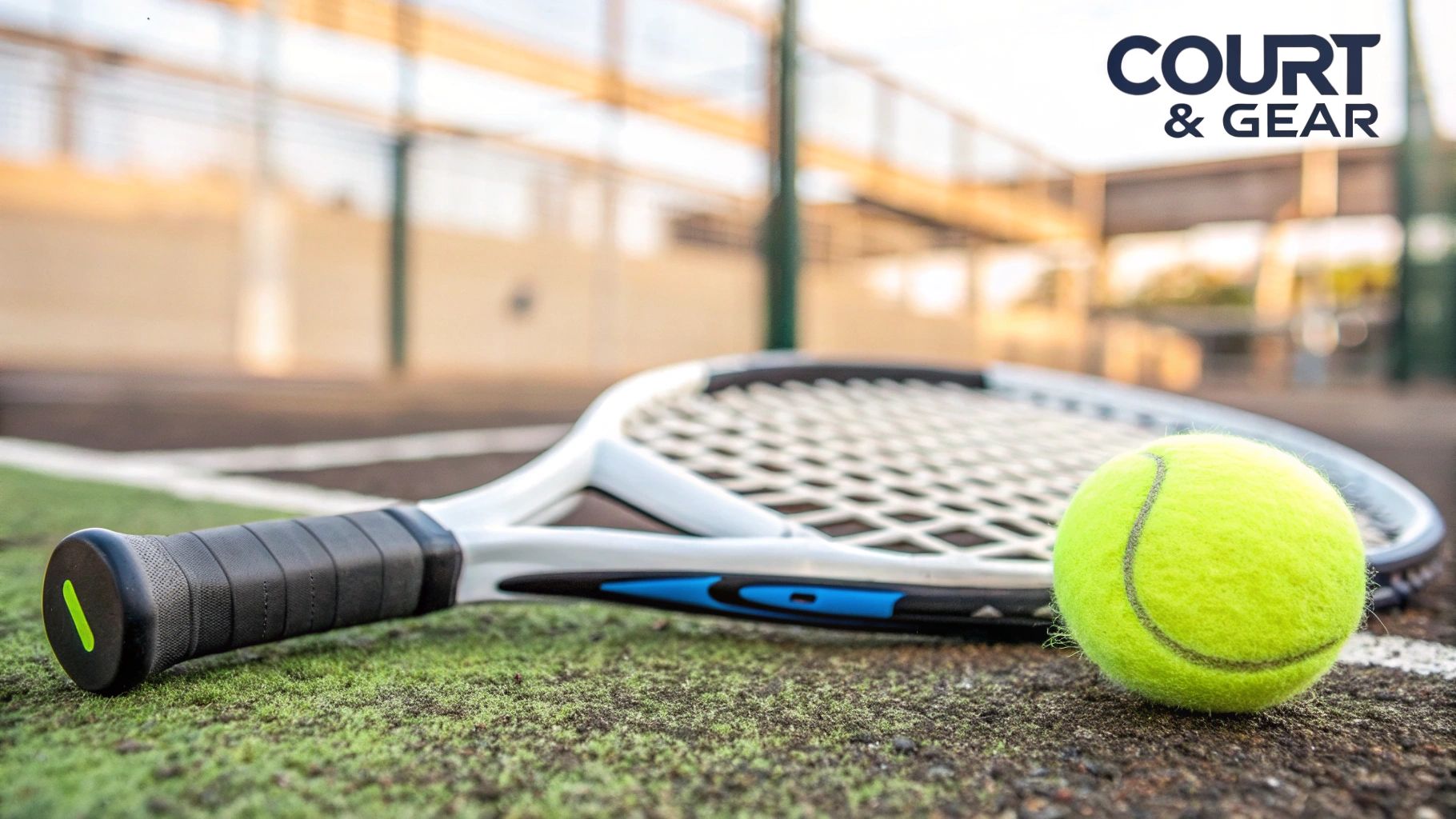 A close-up shot of a padel racket, ball, and the corner of a padel court with its distinctive glass wall and blue turf.