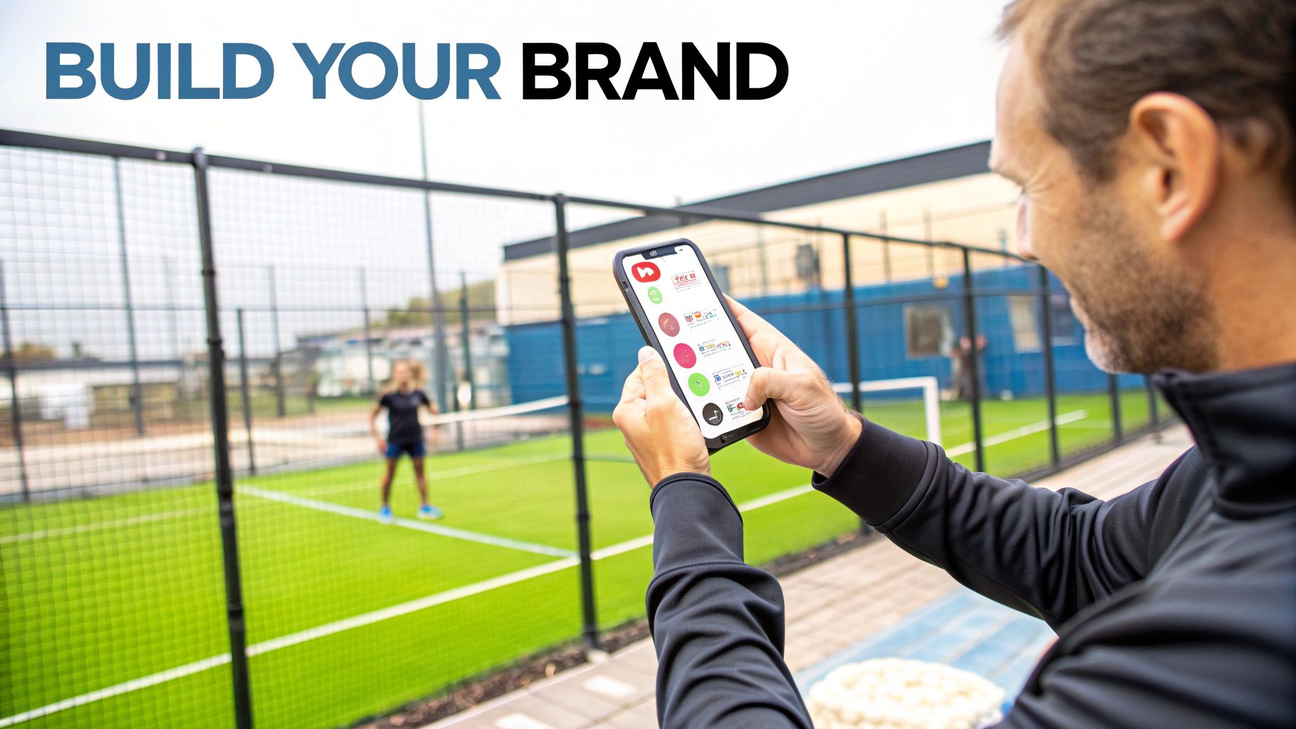 A person smiling while managing bookings on a tablet inside a padel club.