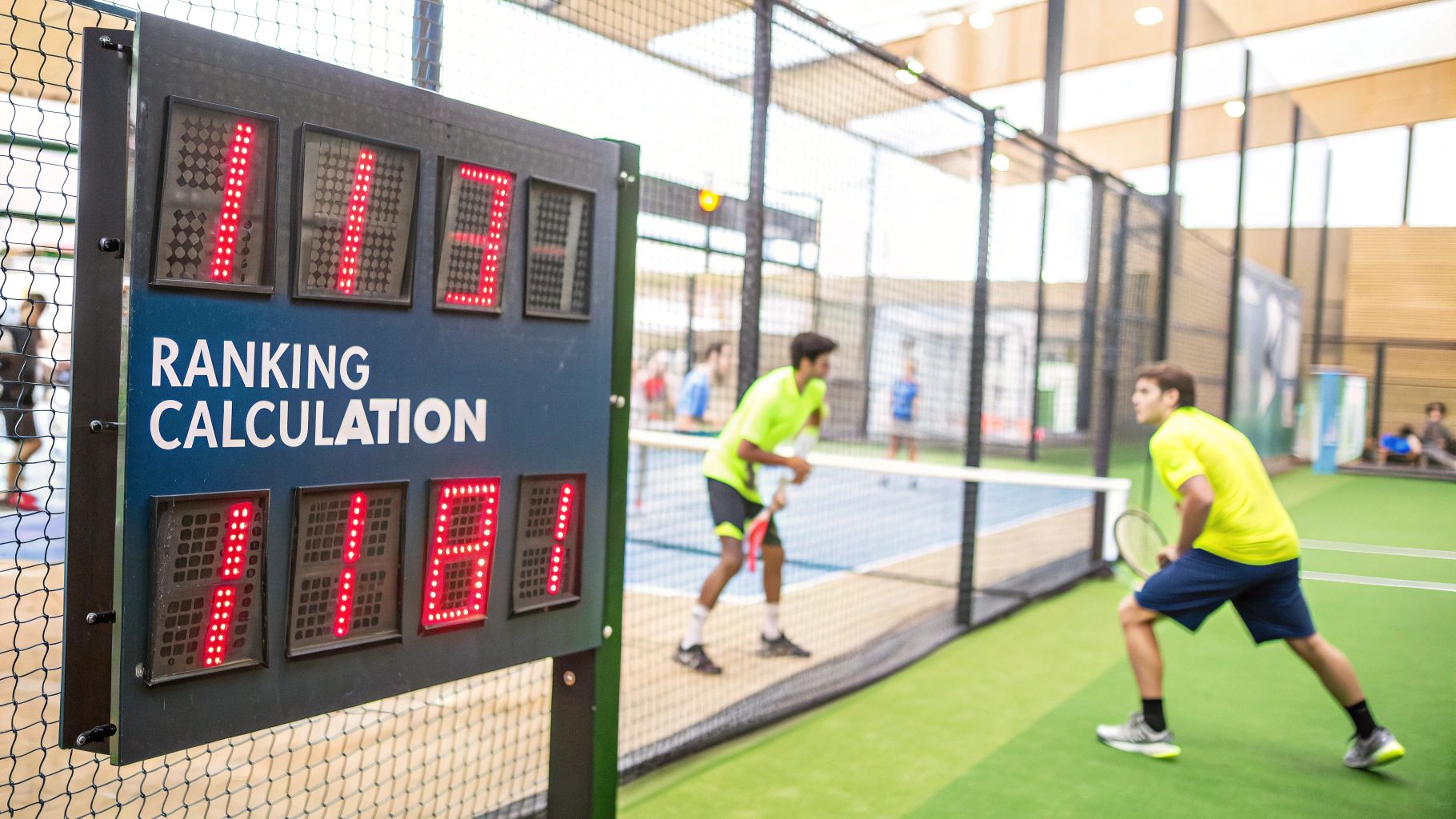 Two male padel players shaking hands over the net after a competitive match