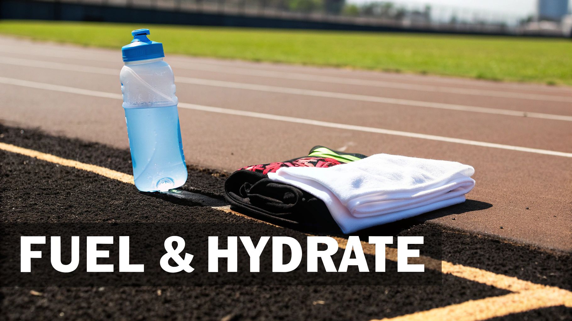 A runner holding a water bottle and an energy gel during a race.