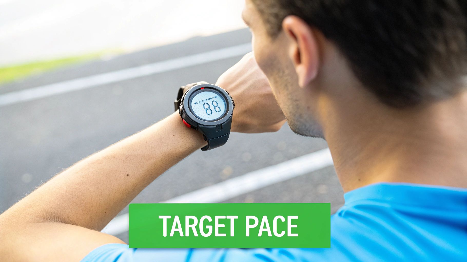 Runner checking their watch for pacing during a race.