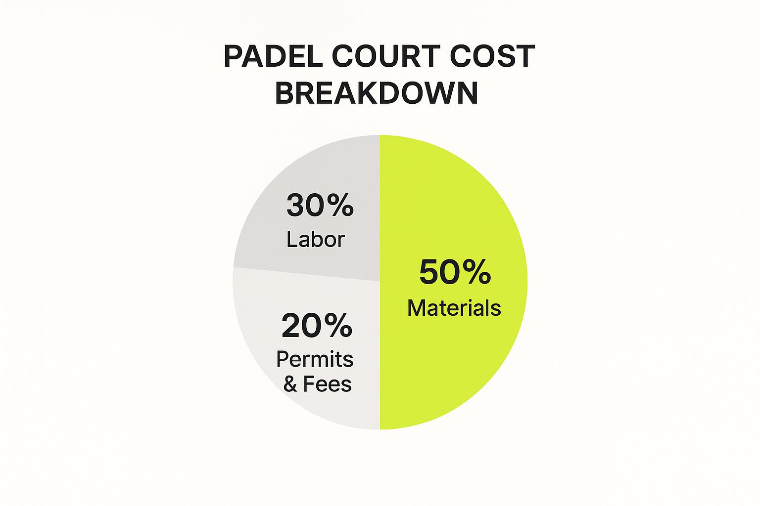 Infographic showing a pie chart of padel court cost breakdown: Materials 50%, Labor 30%, Permits & Fees 20%.