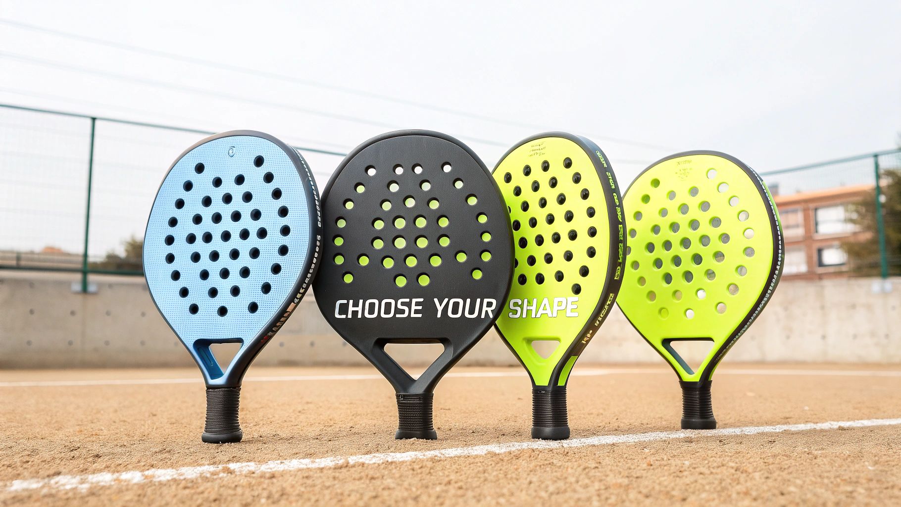 Three different Babolat padel racket shapes displayed on a padel court.