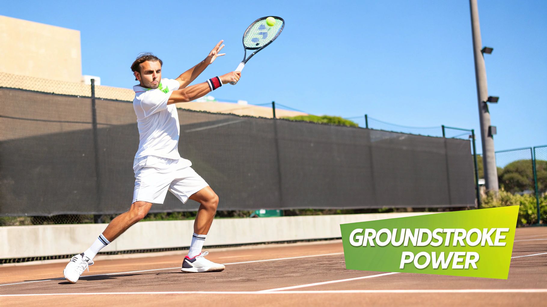 A tennis player executing a powerful forehand groundstroke on a clay court.
