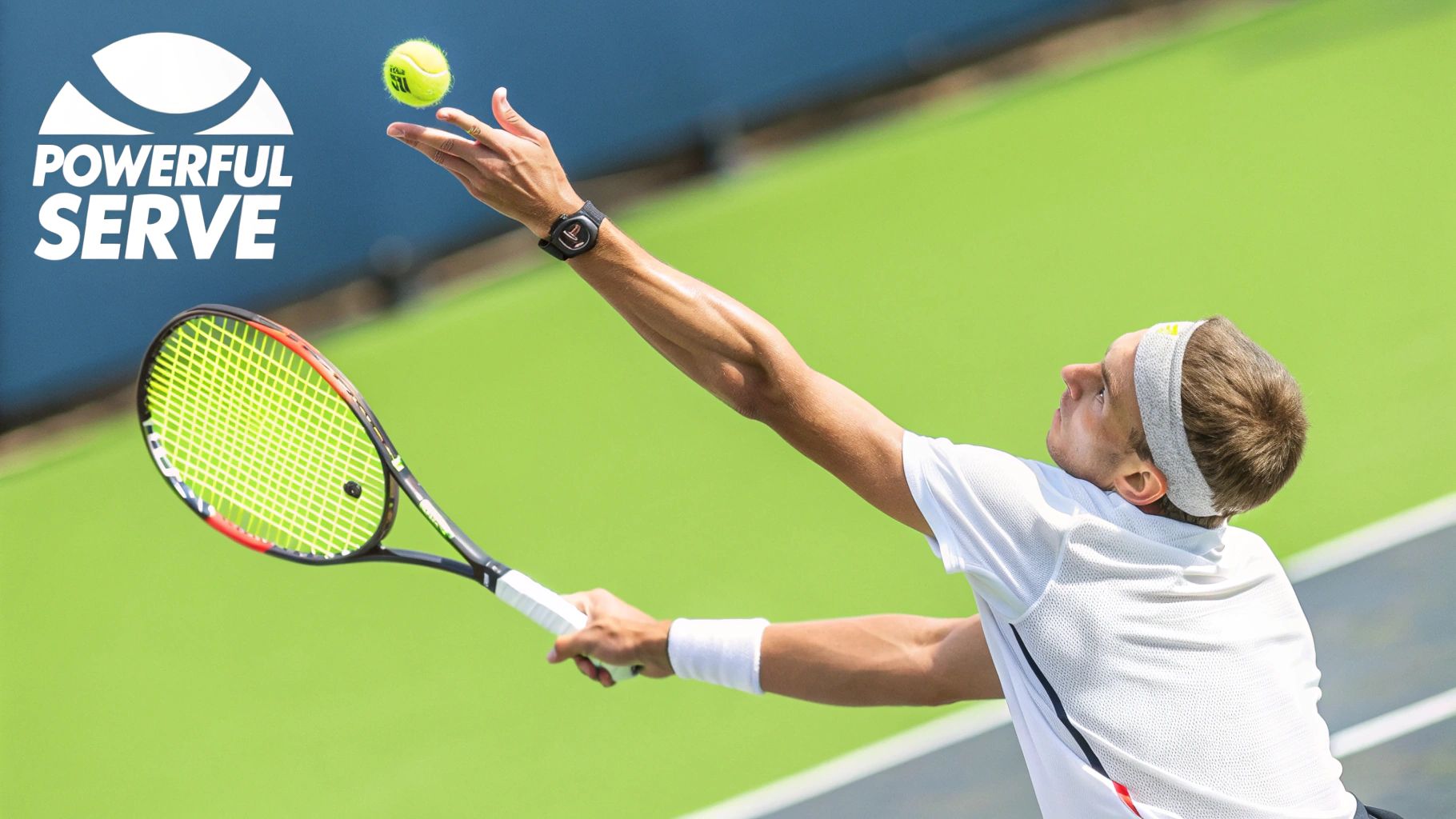 A tennis player in mid-air, powerfully serving the ball on a sunny tennis court.