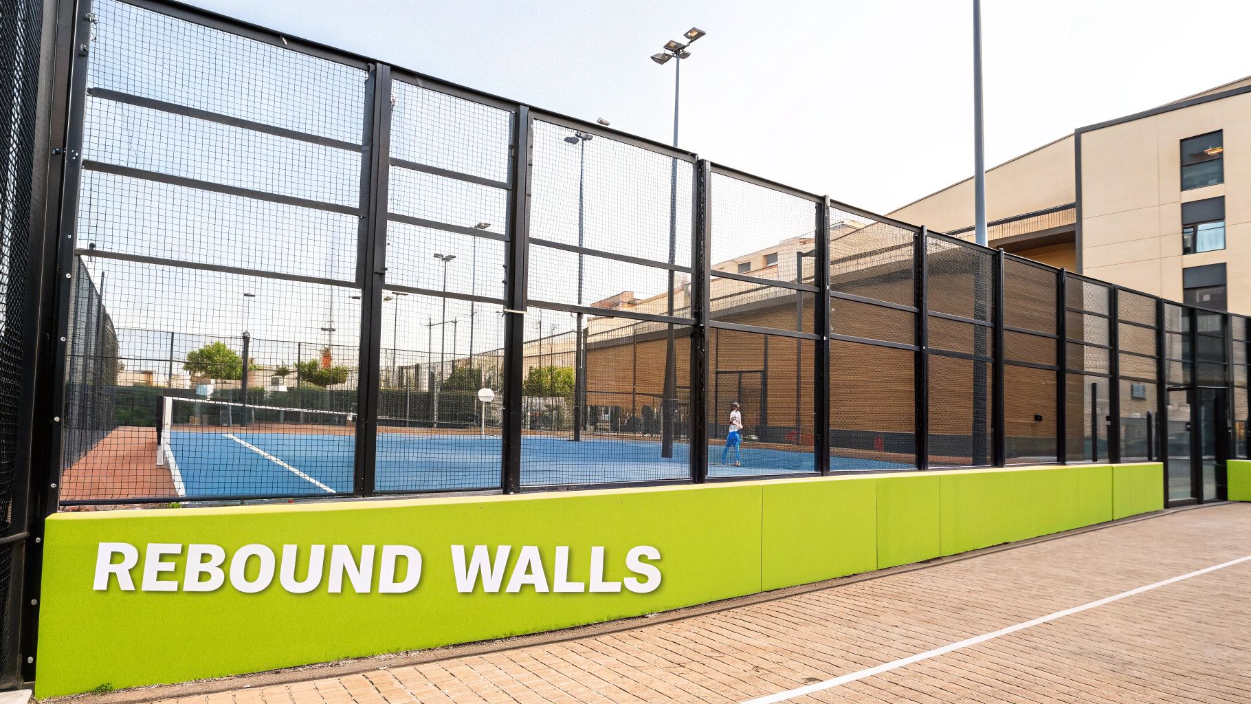 A padel player hitting the ball off the back glass wall during a match.