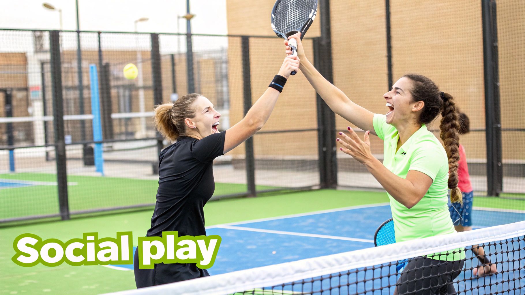 Four diverse friends laughing together on a padel court after a match.