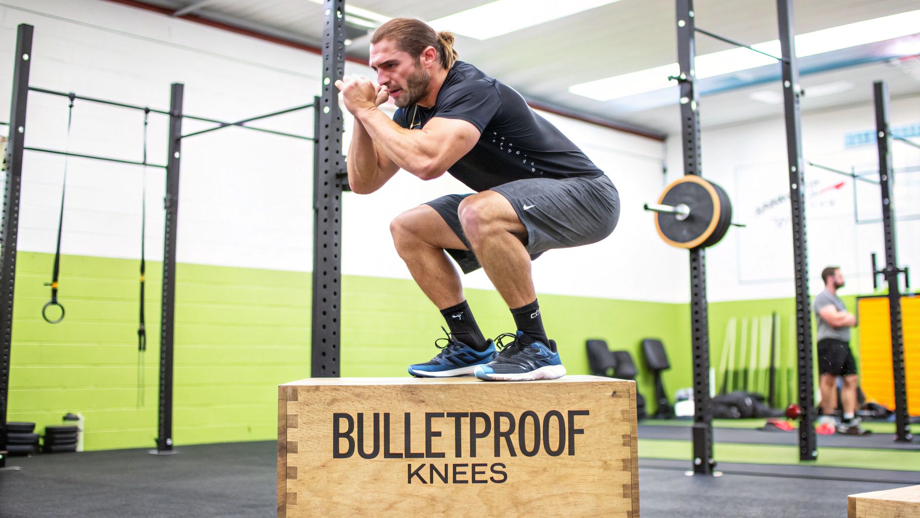 A runner performing an advanced single-leg exercise.