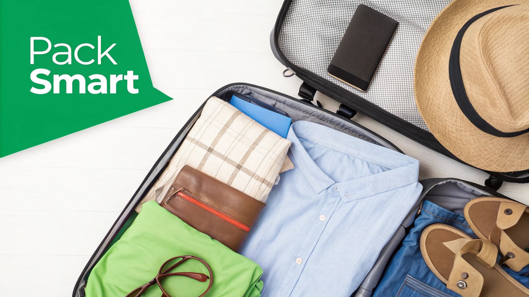 Suitcase being packed for a sunny holiday with summer clothes and accessories