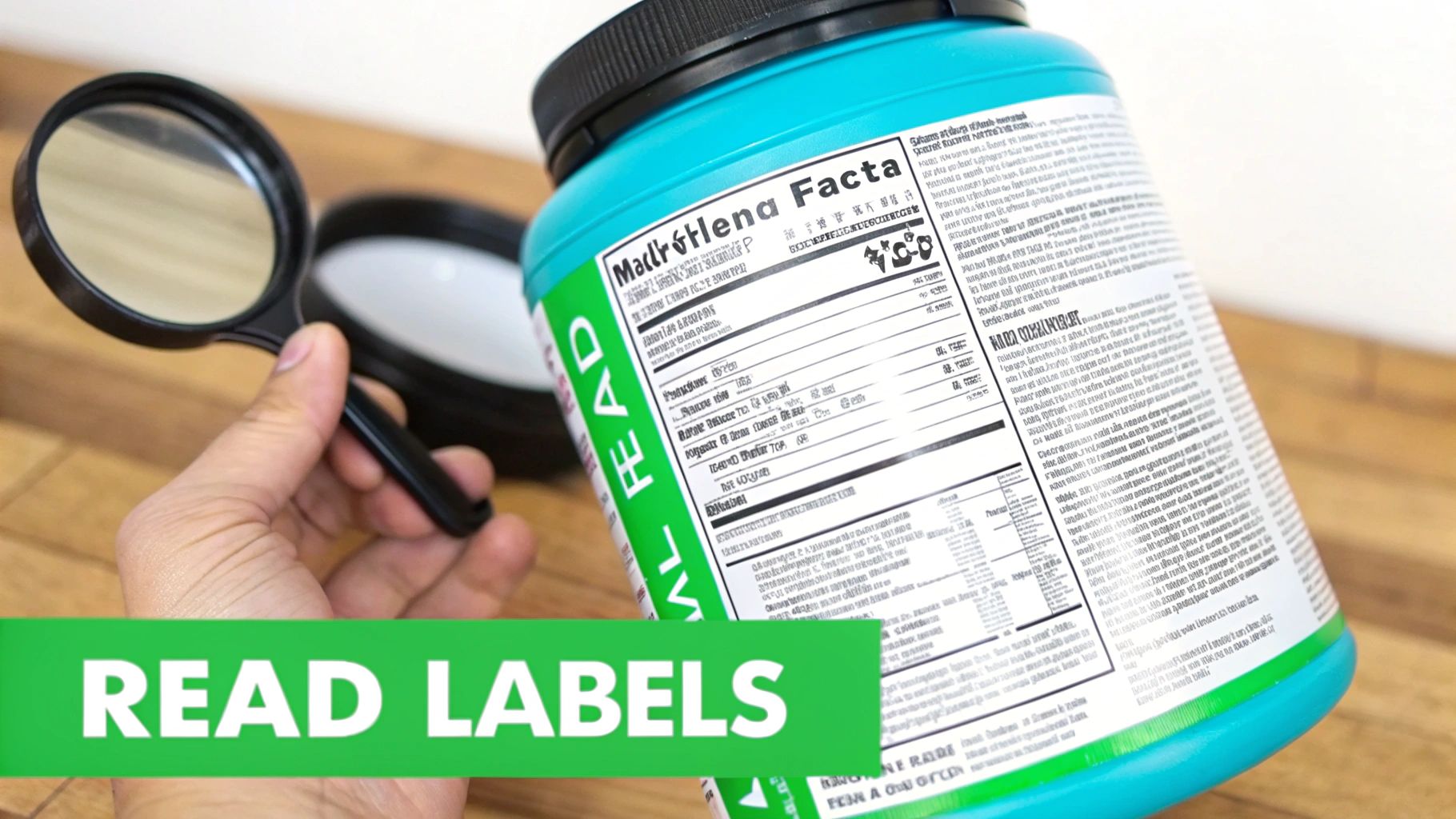 Runner examining the nutrition label on a protein powder container in a bright, clean kitchen setting.