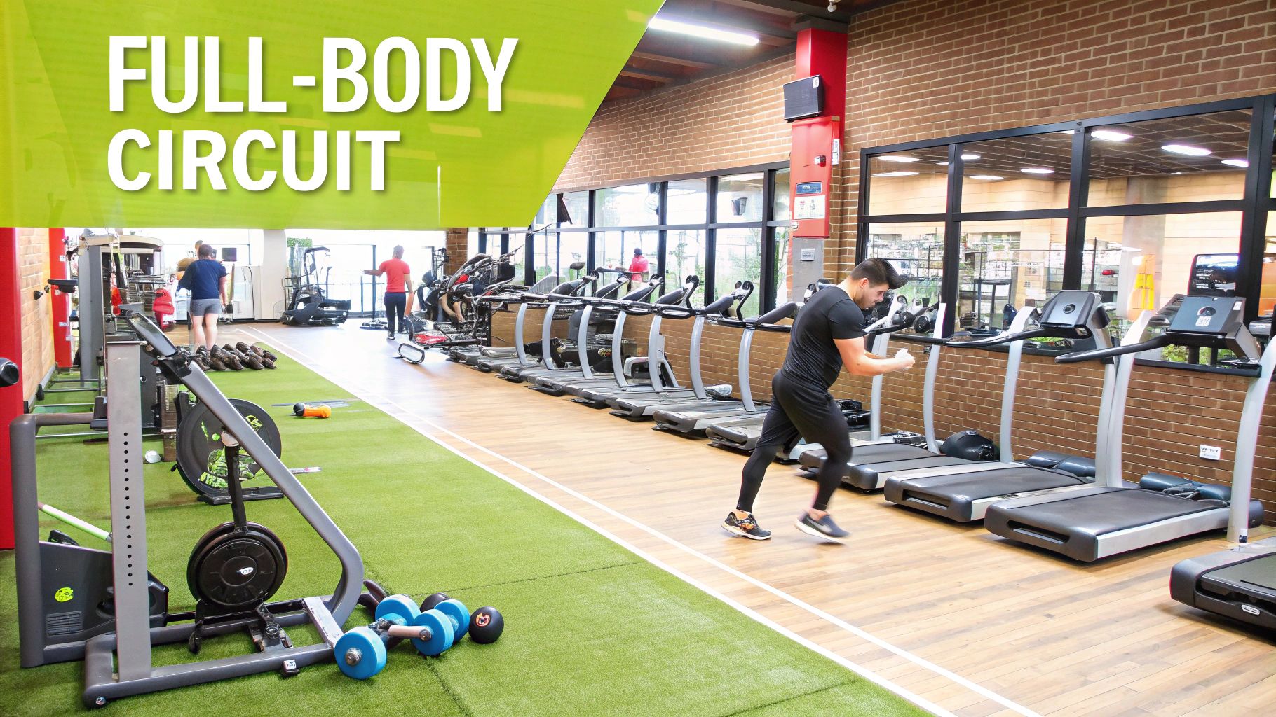 A group of people performing various exercises in a circuit training session.