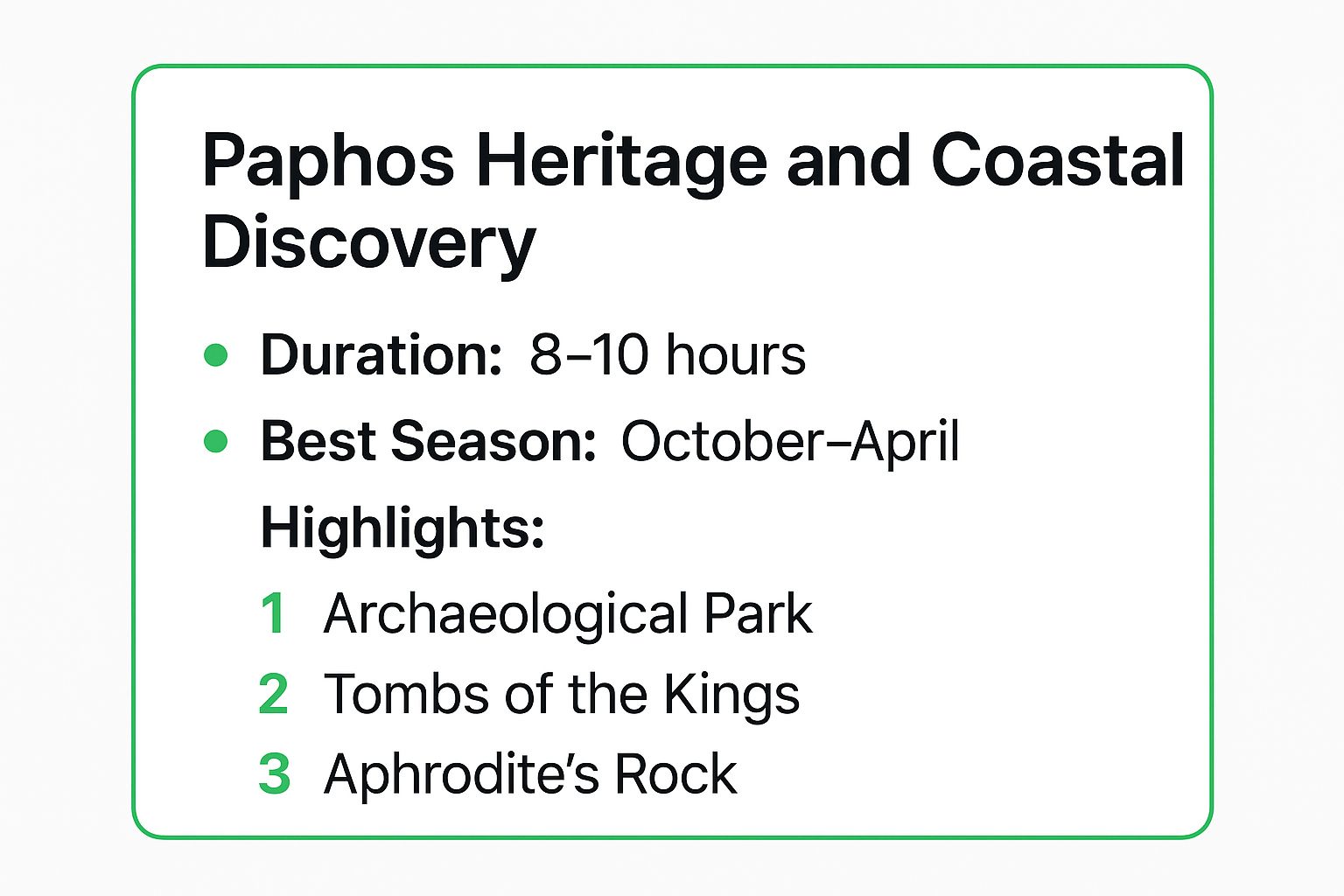 Infographic showing key data about Paphos Heritage and Coastal Discovery