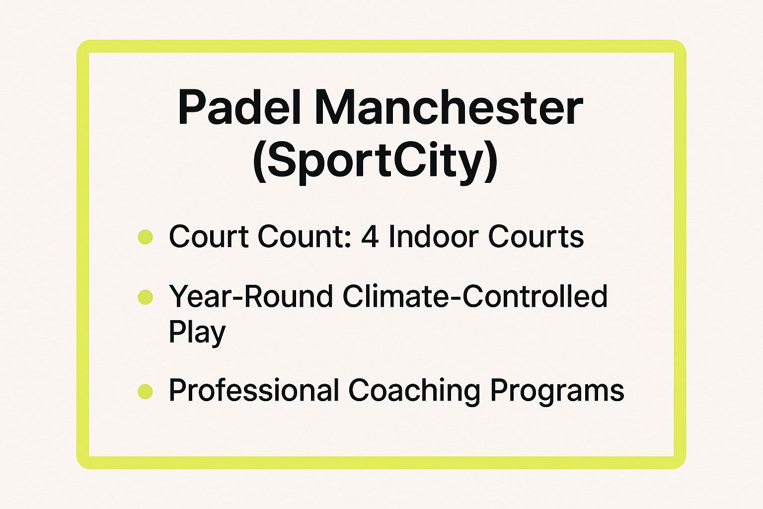 Infographic showing key data about Padel Manchester (SportCity)