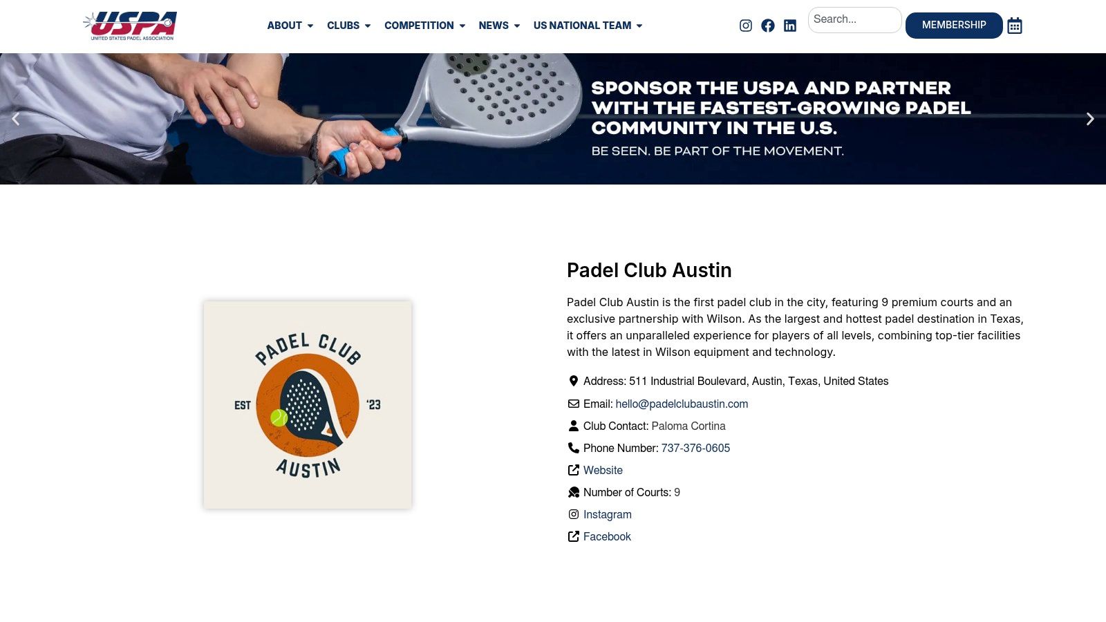 USPA (United States Padel Association) – Padel Club Austin listing