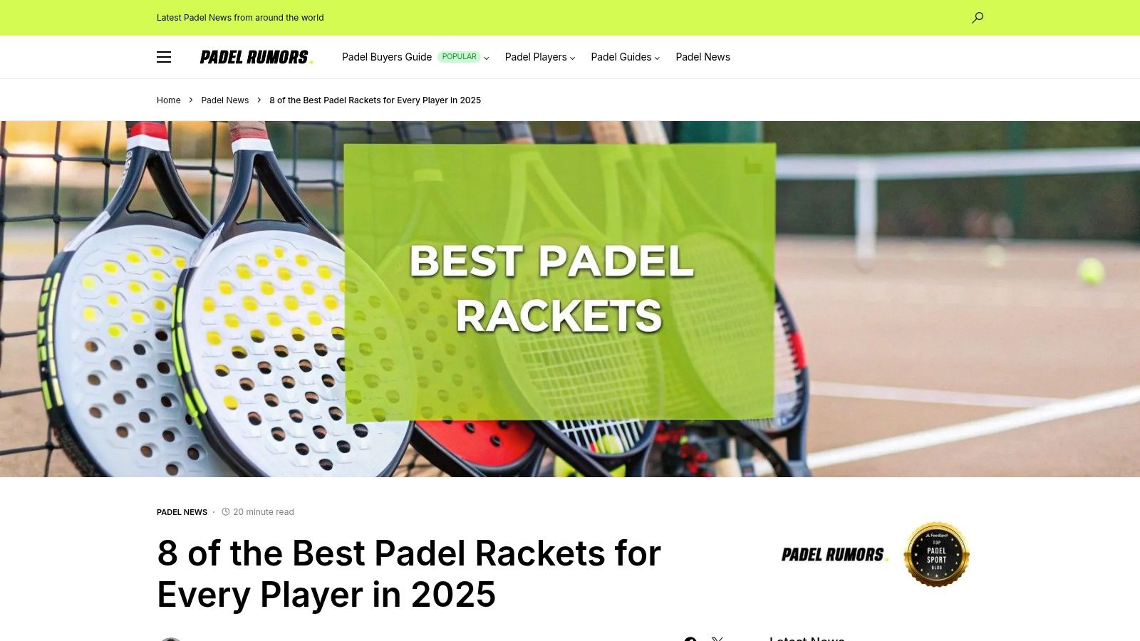 A screenshot of the Padel Rumors article showcasing a selection of padel rackets.