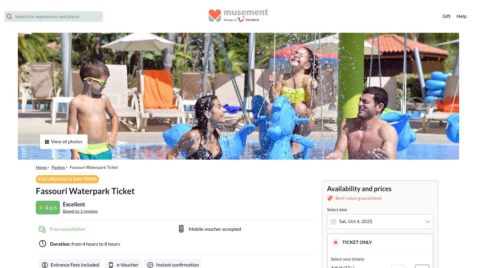 TUI Musement booking page for Fasouri Watermania tickets