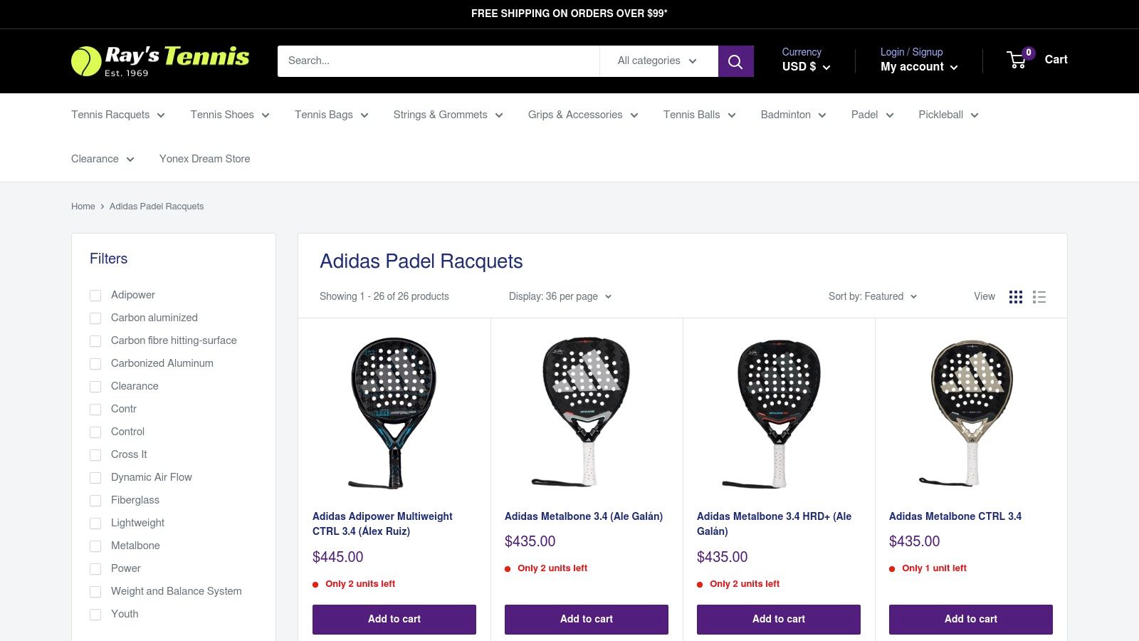 Ray’s Tennis – US specialty retailer with adidas padel section