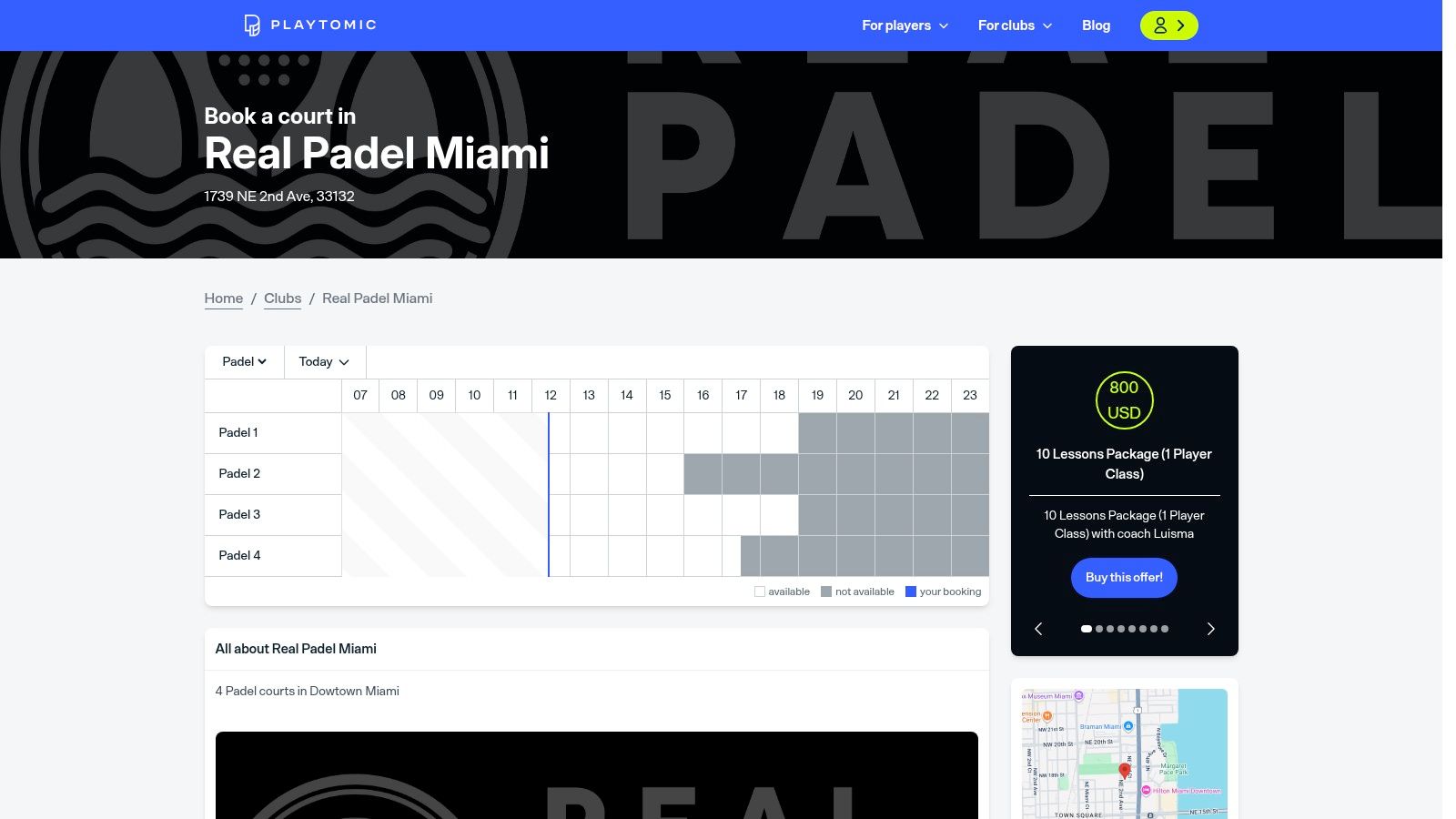 Playtomic — Real Padel Miami club page