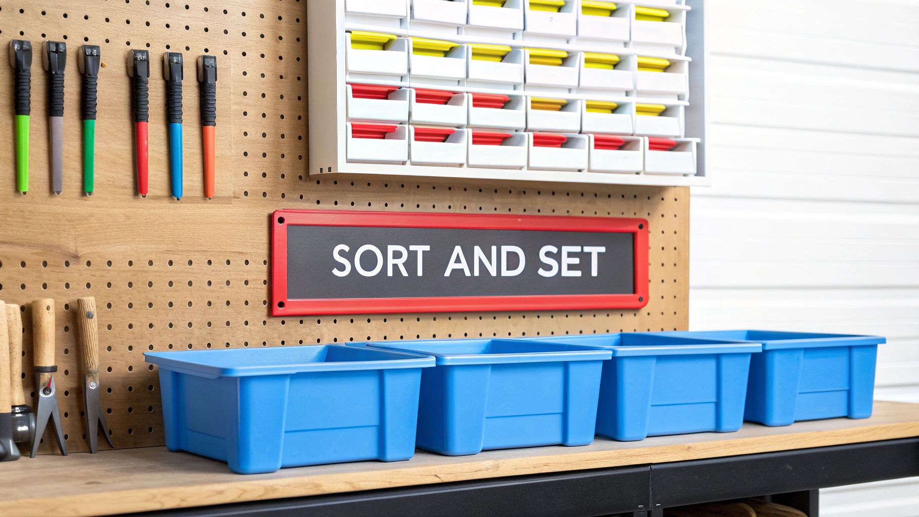 Clean and organized workshop with tools on a pegboard, storage bins, and a 'SORT AND SET' sign.