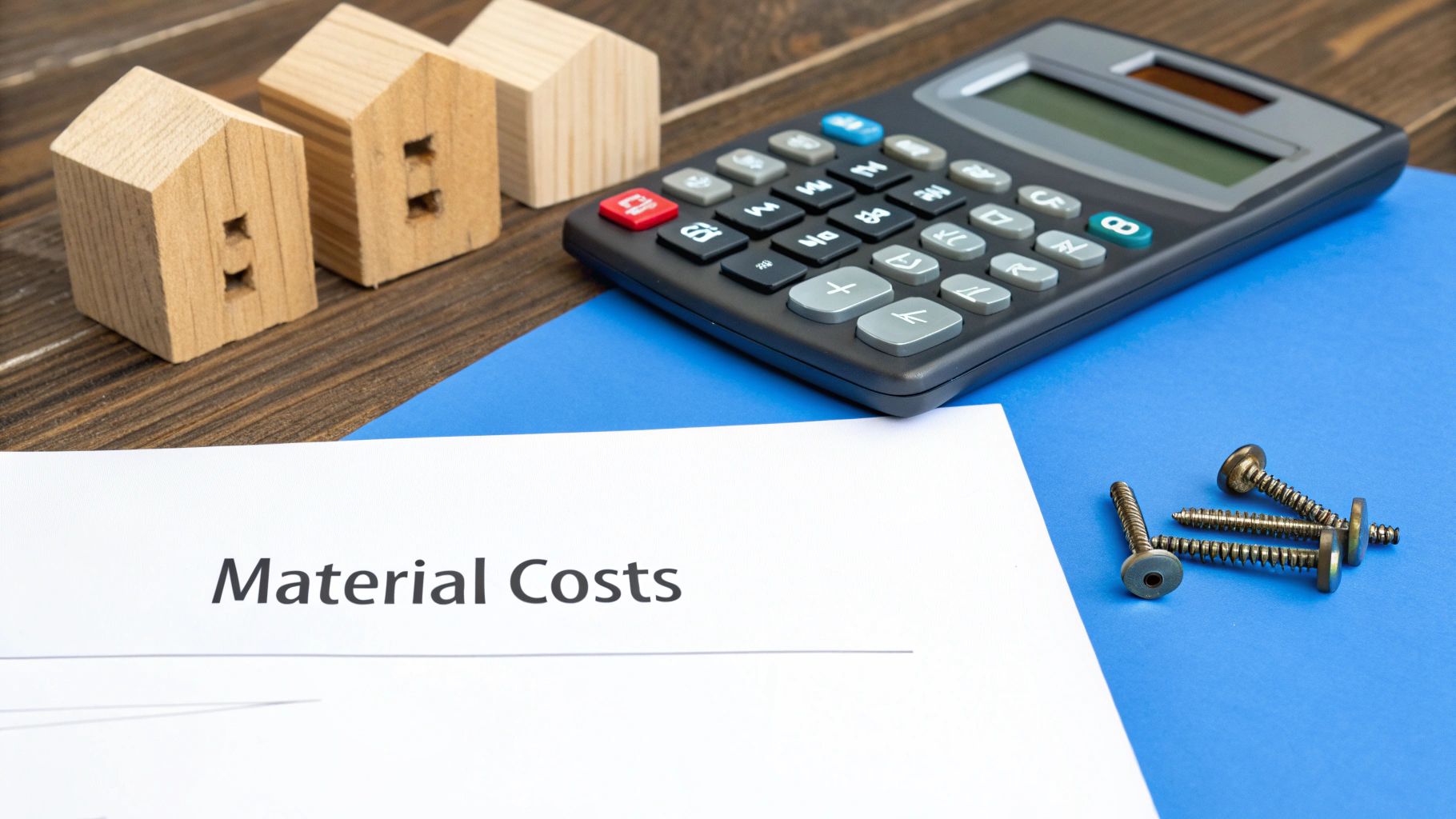 A calculator, screws, and wooden house models on a blue folder and white paper titled 'Material Costs'.