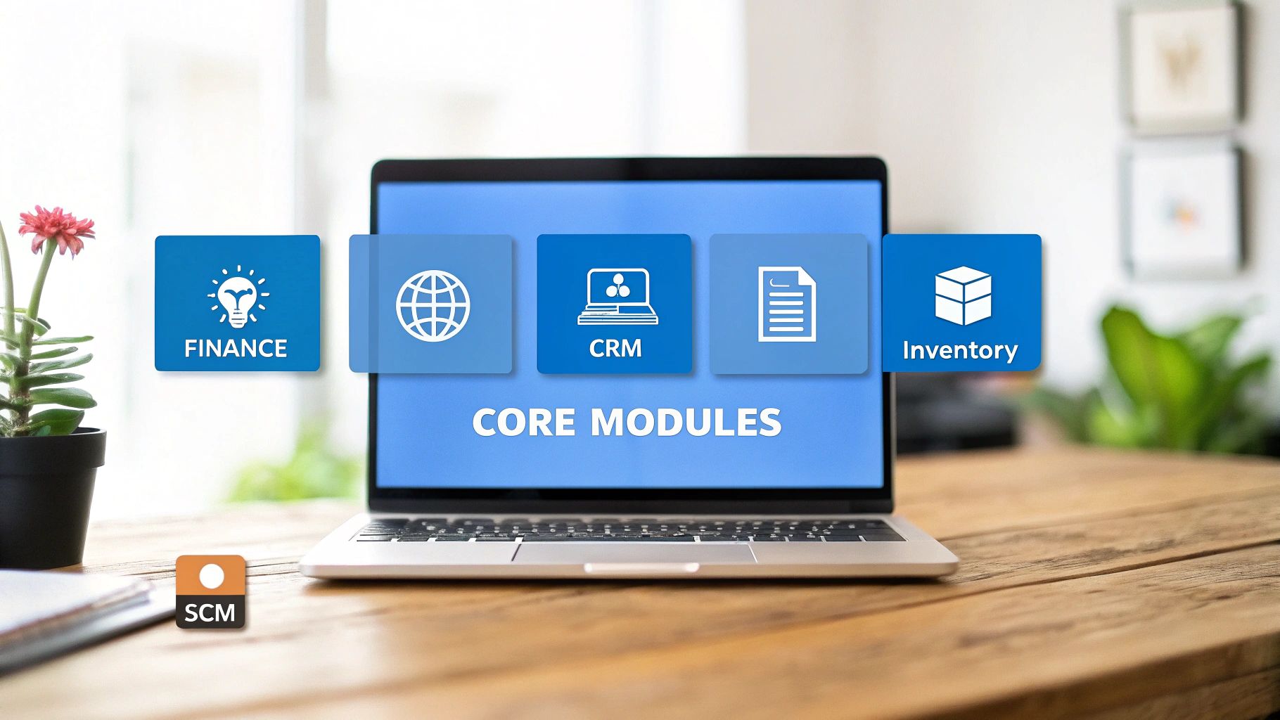 Laptop screen displaying core ERP system modules including Finance, CRM, and Inventory management icons