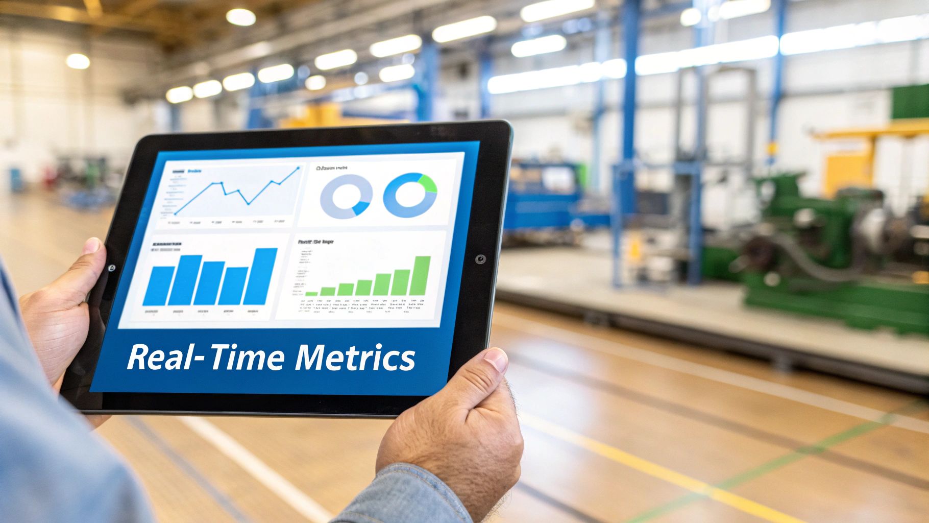 Hands hold a tablet showing real-time metrics and graphs in a blurred industrial factory.