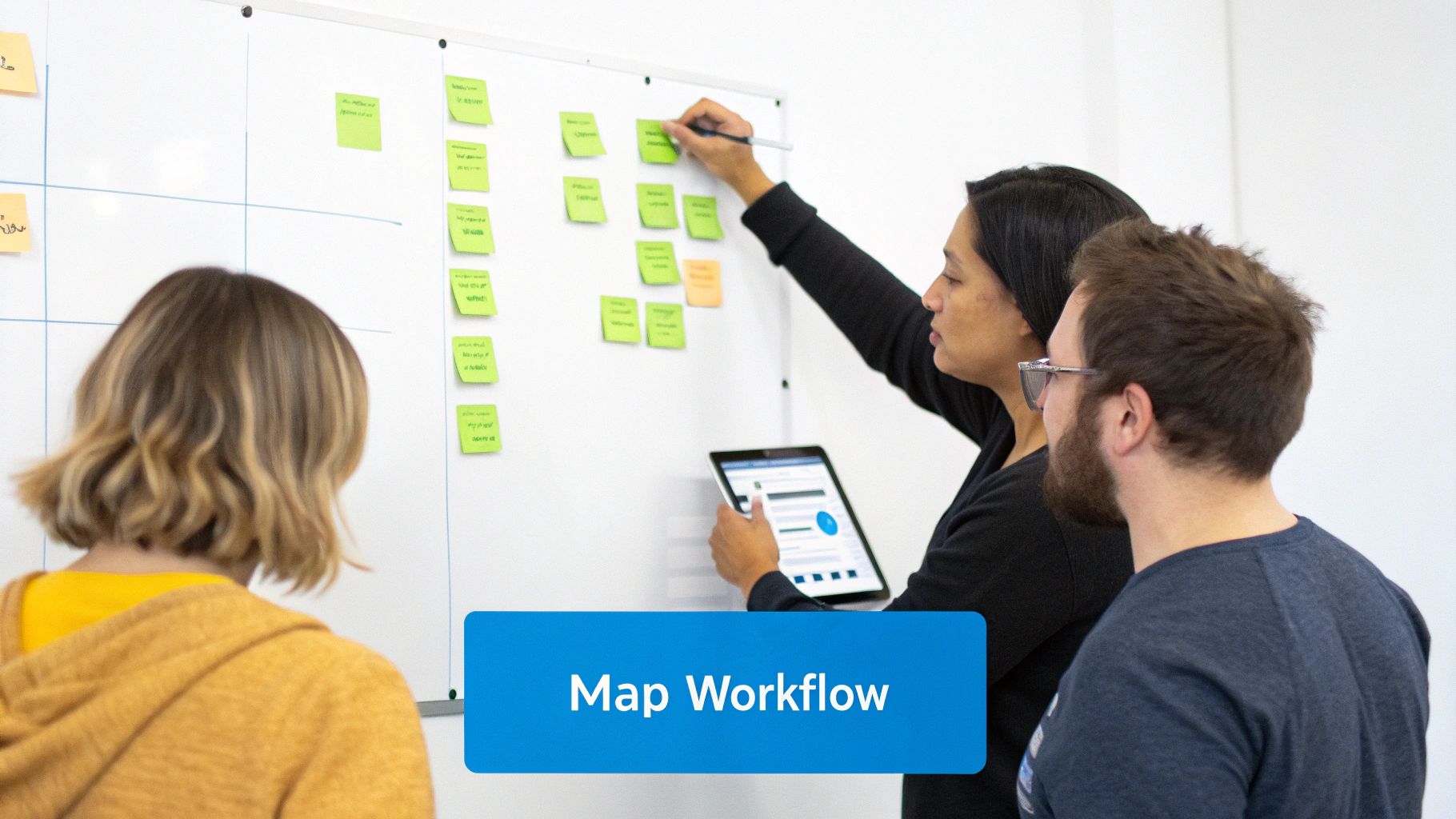 Three diverse professionals brainstorming and mapping a workflow on a whiteboard with sticky notes and a tablet.