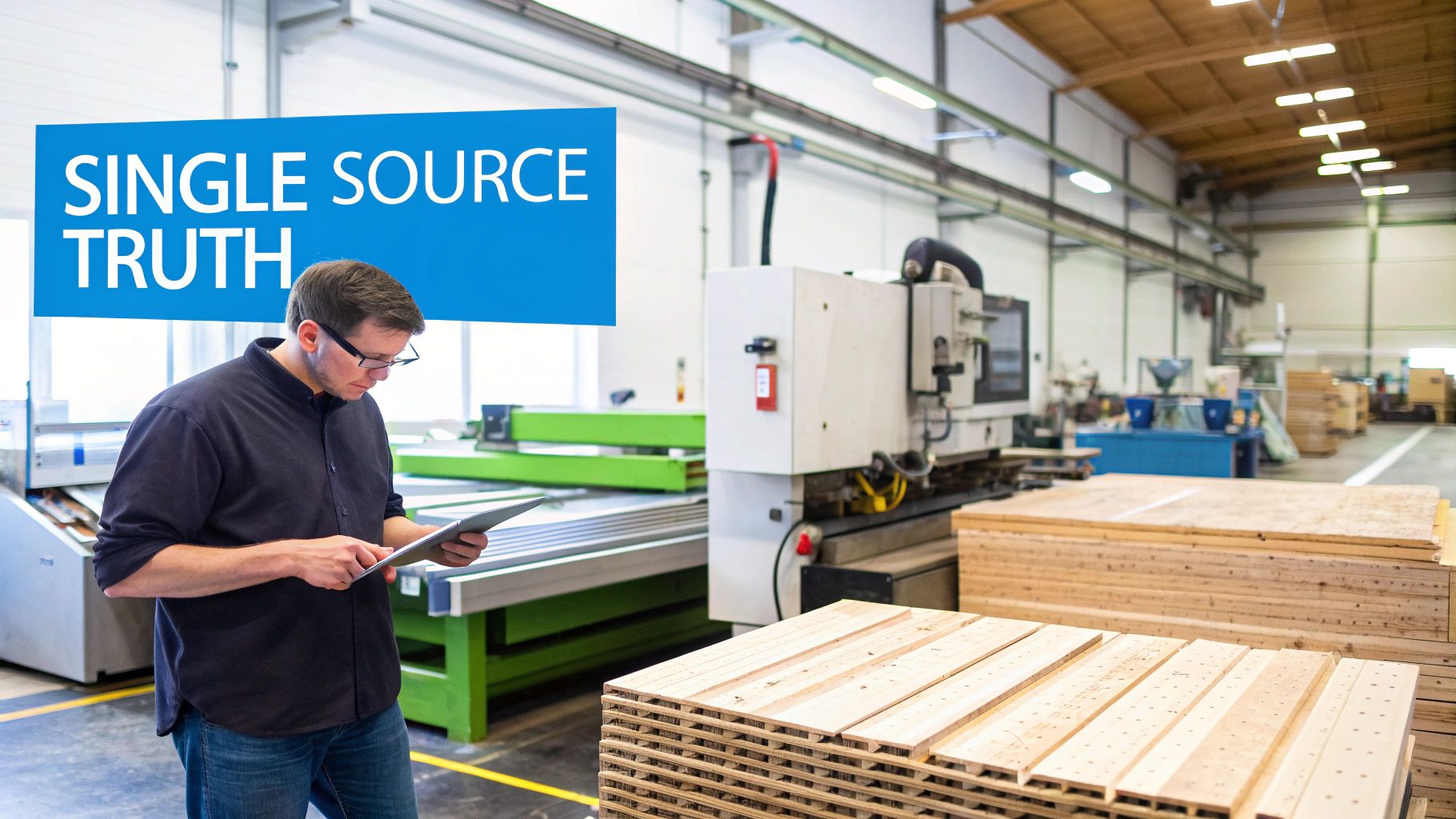A woodworking shop manager reviewing production data on a tablet in front of CNC machinery.