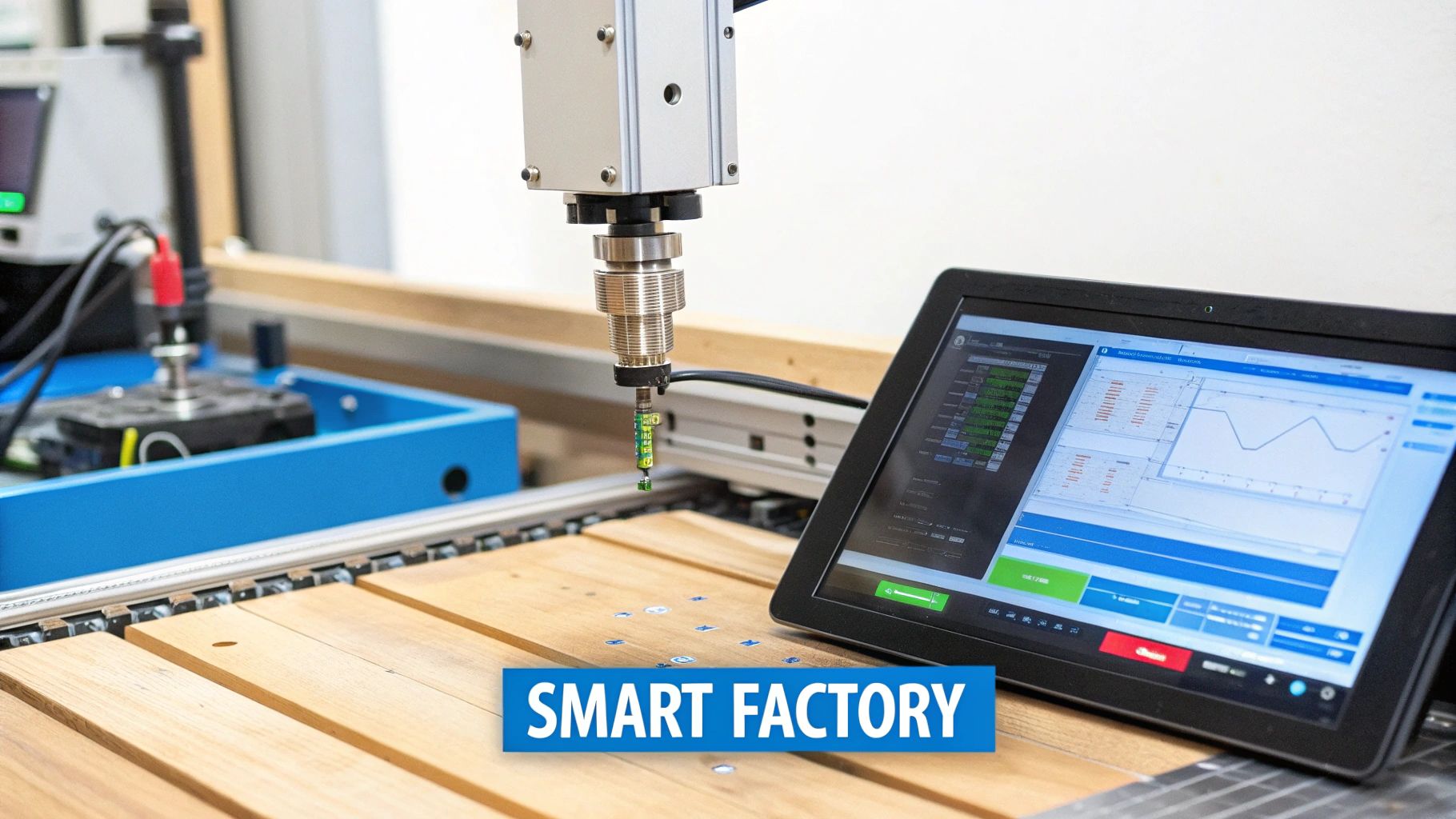 An illustration of a smart factory with interconnected devices and data flowing to the cloud.
