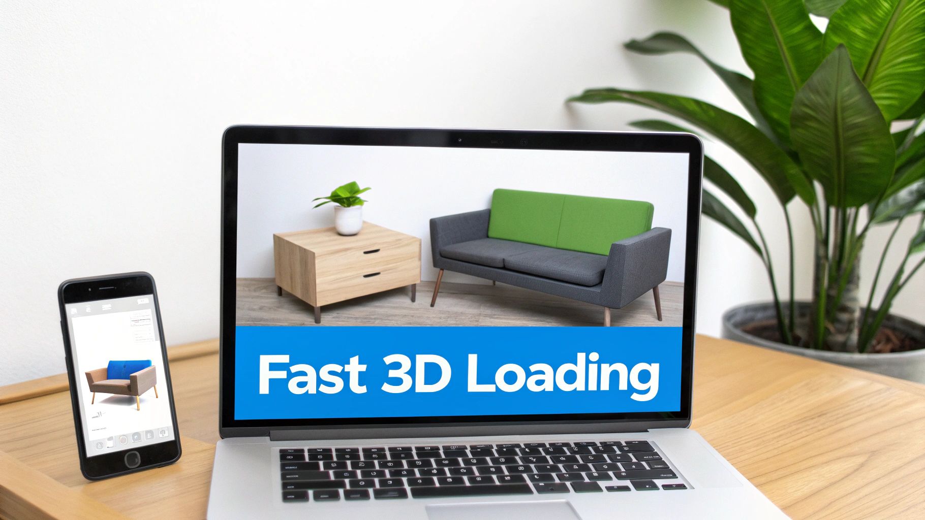 A laptop and smartphone display furniture products with 'Fast 3D Loading' banner, highlighting quick digital visualization.
