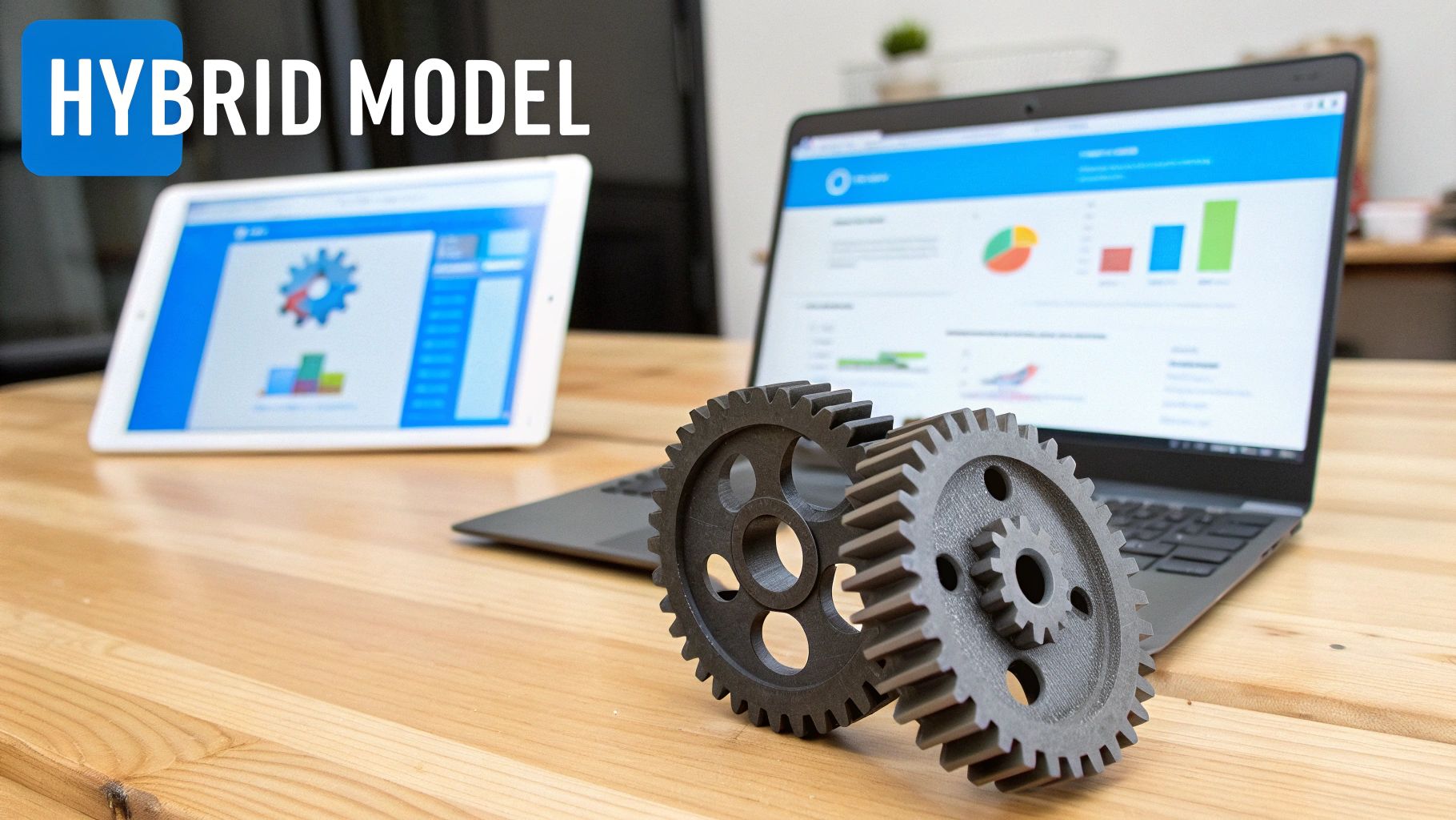 Image shows a hybrid model setup with a laptop, tablet displaying data analysis, and two gears on a wooden desk.