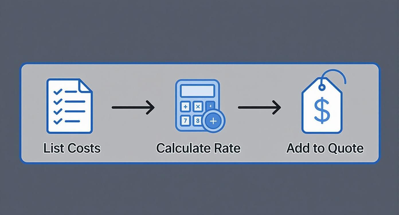 A three-step diagram illustrating the process of calculating product costs: listing costs, calculating the rate, and adding to a quote.