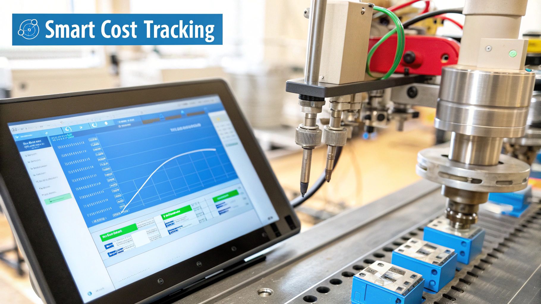 A modern manufacturing facility with robotic arms and digital interfaces, showcasing smart cost tracking technology.