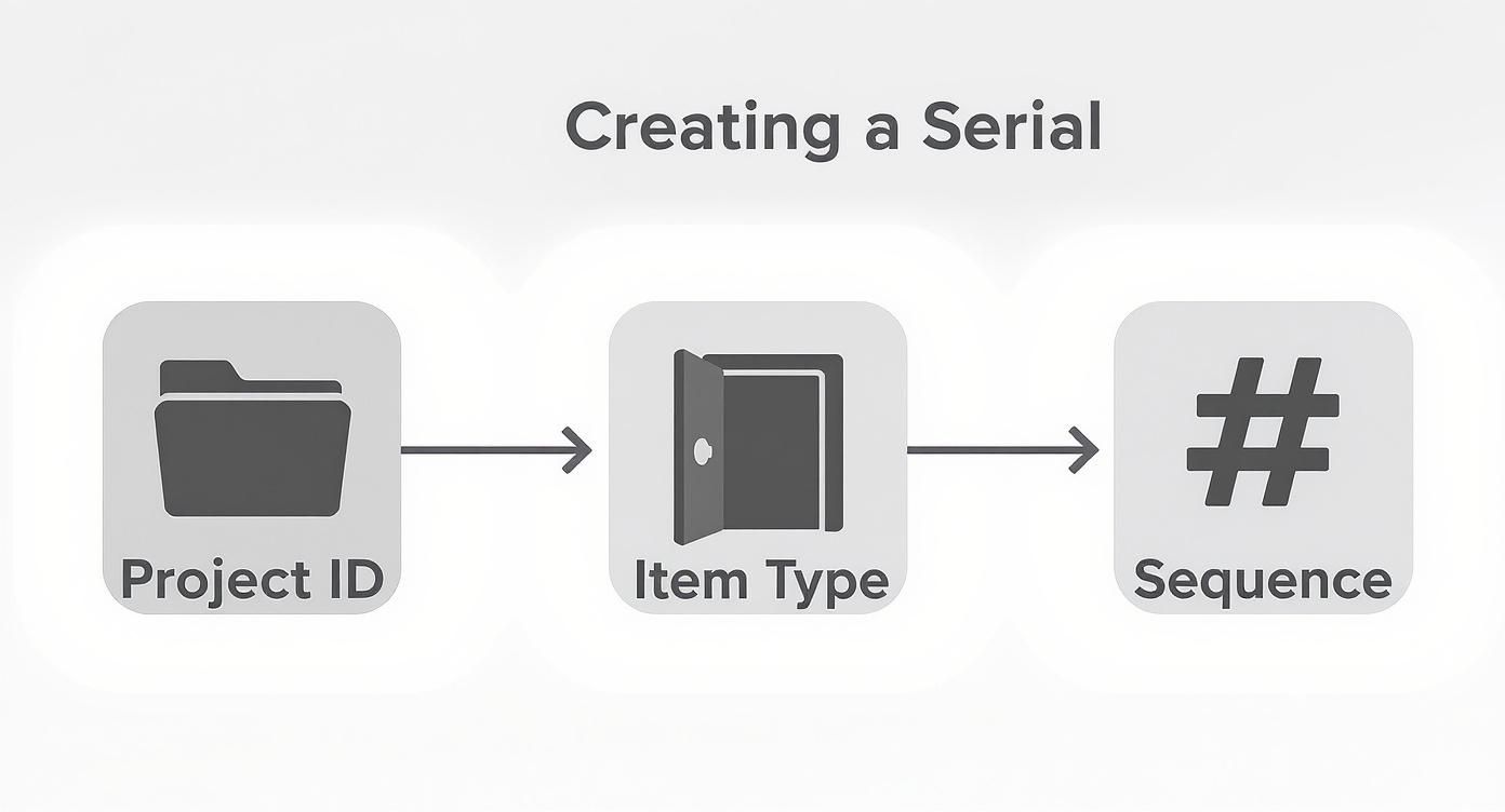 A diagram illustrating the steps to create a unique serial number from project ID, item type, and sequence.