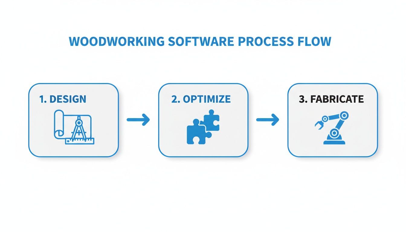 Woodworking software process flow illustrating design, optimization, and fabrication steps with icons.