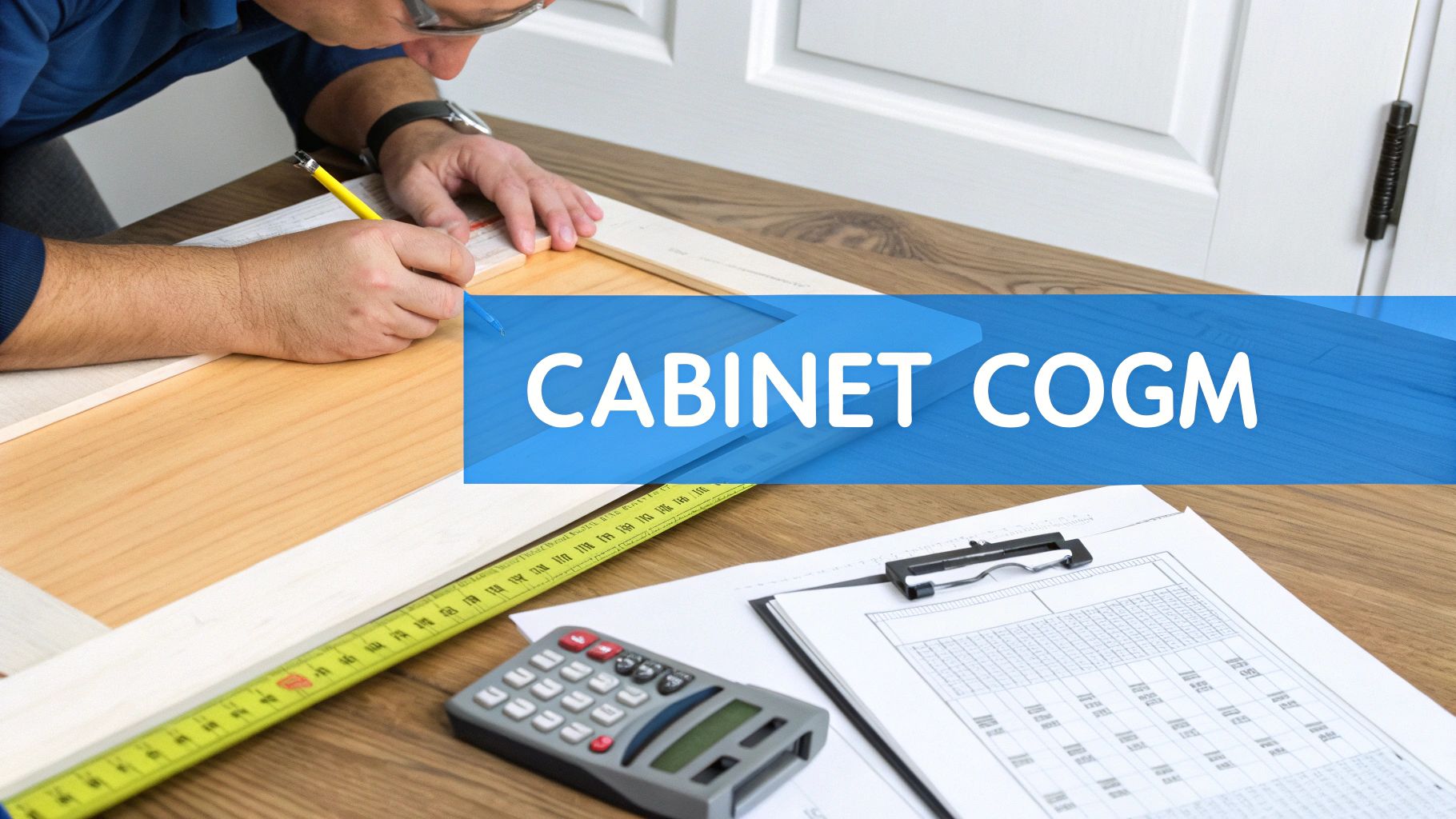 A person accurately measures and marks wood for cabinet construction, with tools and plans on a table.