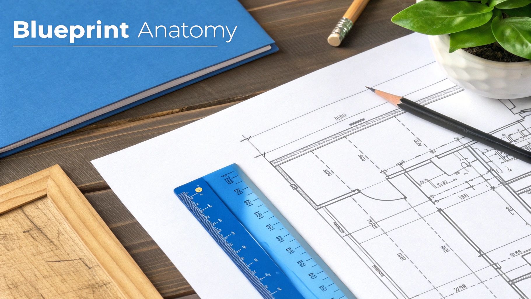 A detailed manufacturing blueprint is laid out on a table, showing various views and line types.