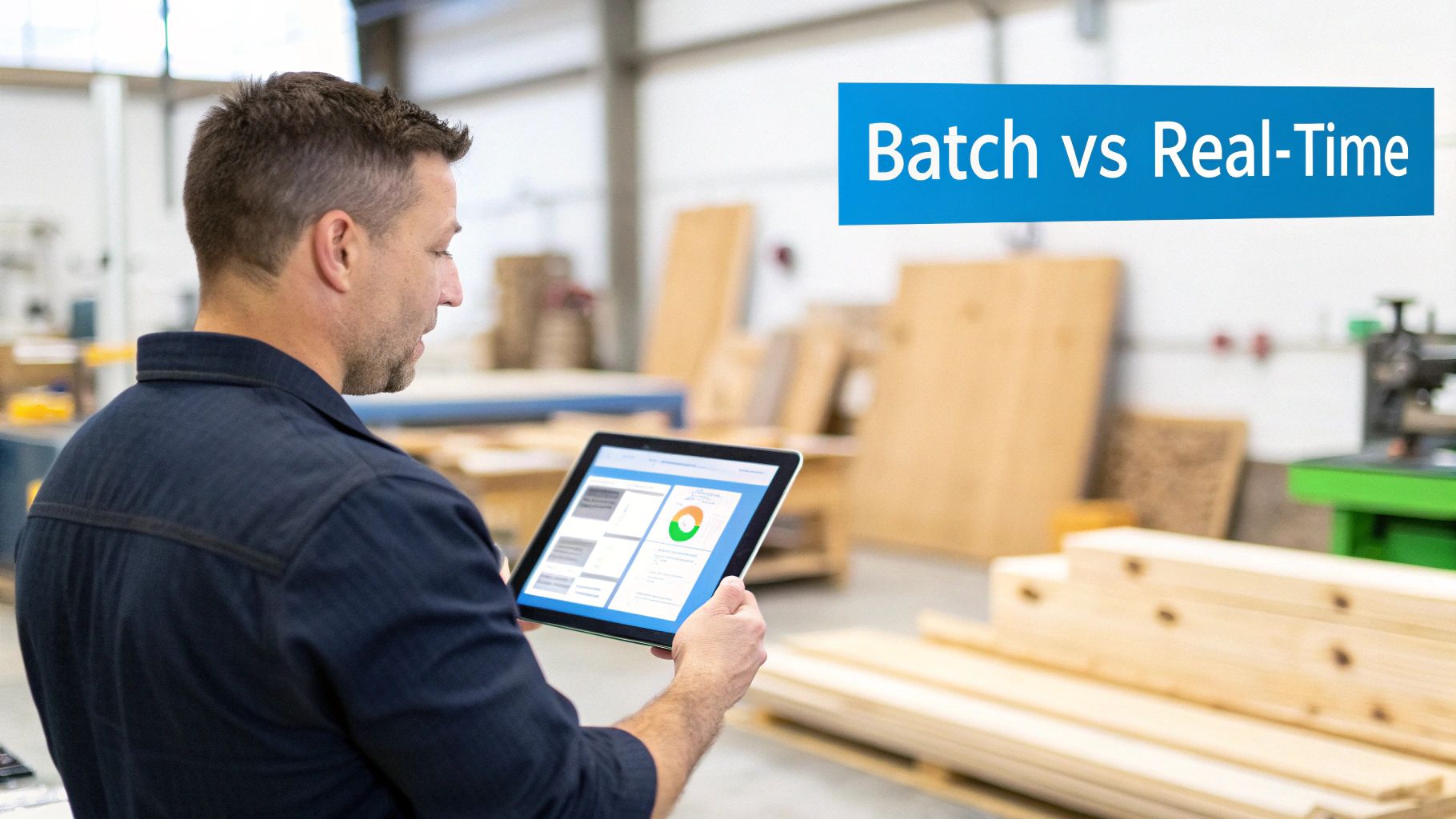 Man examines a tablet with data in a manufacturing setting, discussing 'Batch vs Real-Time'.