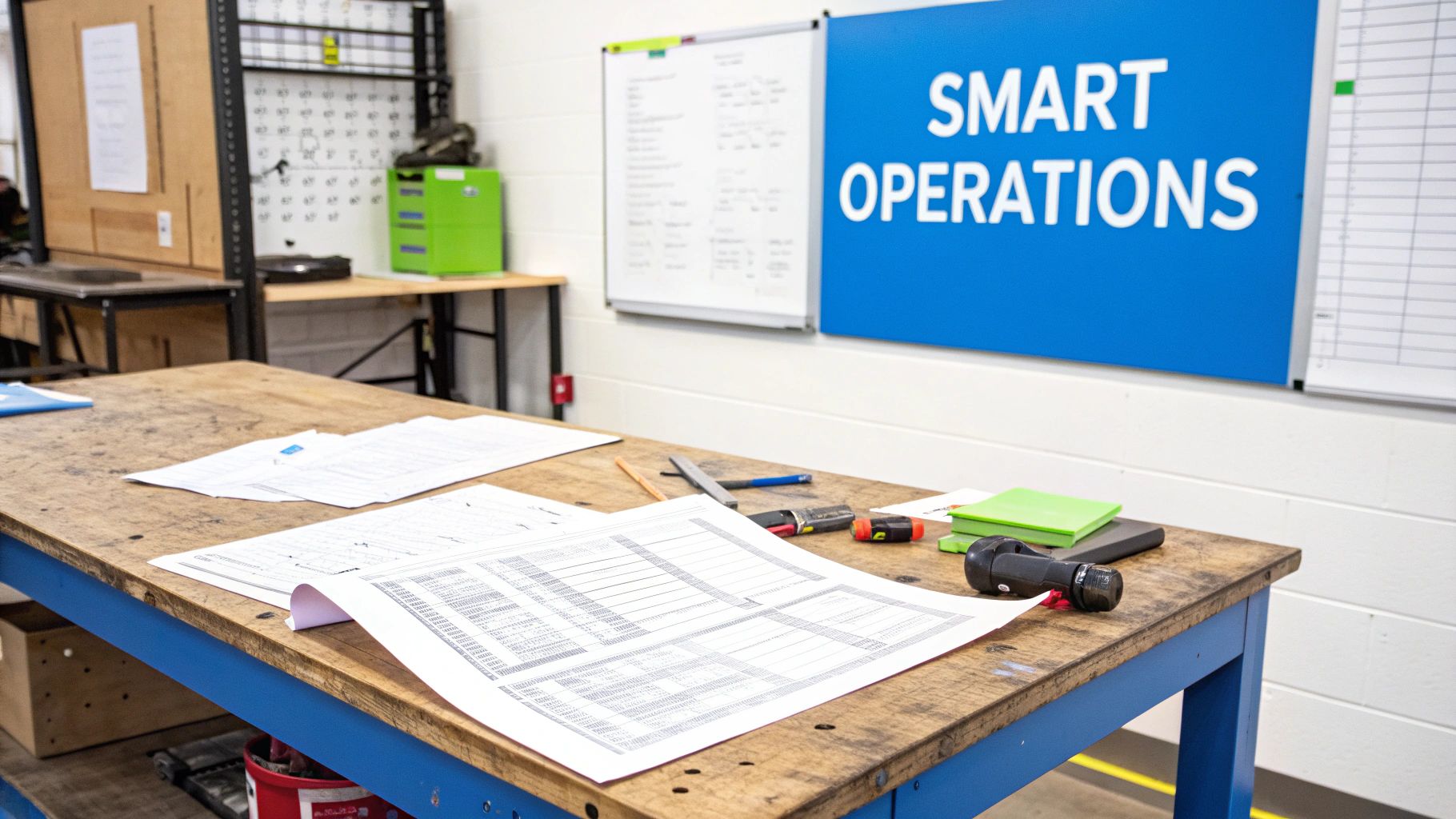 A busy workbench in a manufacturing environment with papers, tools, and a 'SMART OPERATIONS' sign.