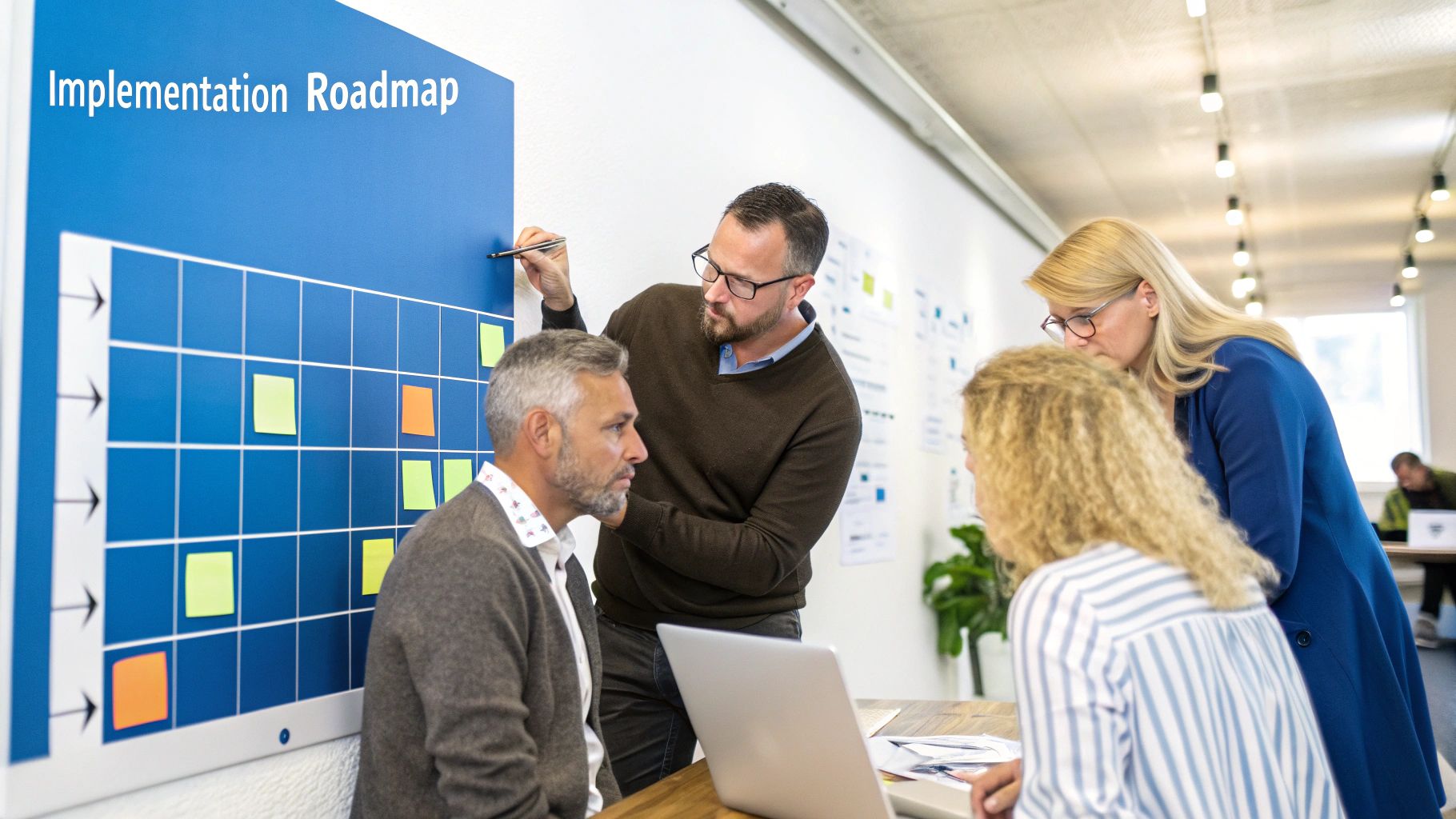 A team of professionals collaborates around a table with a project plan, showing the strategic nature of an ERP implementation.