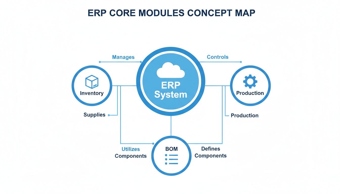 A concept map illustrating the core modules of an ERP system: Inventory, Production, and Bill of Materials (BOM).