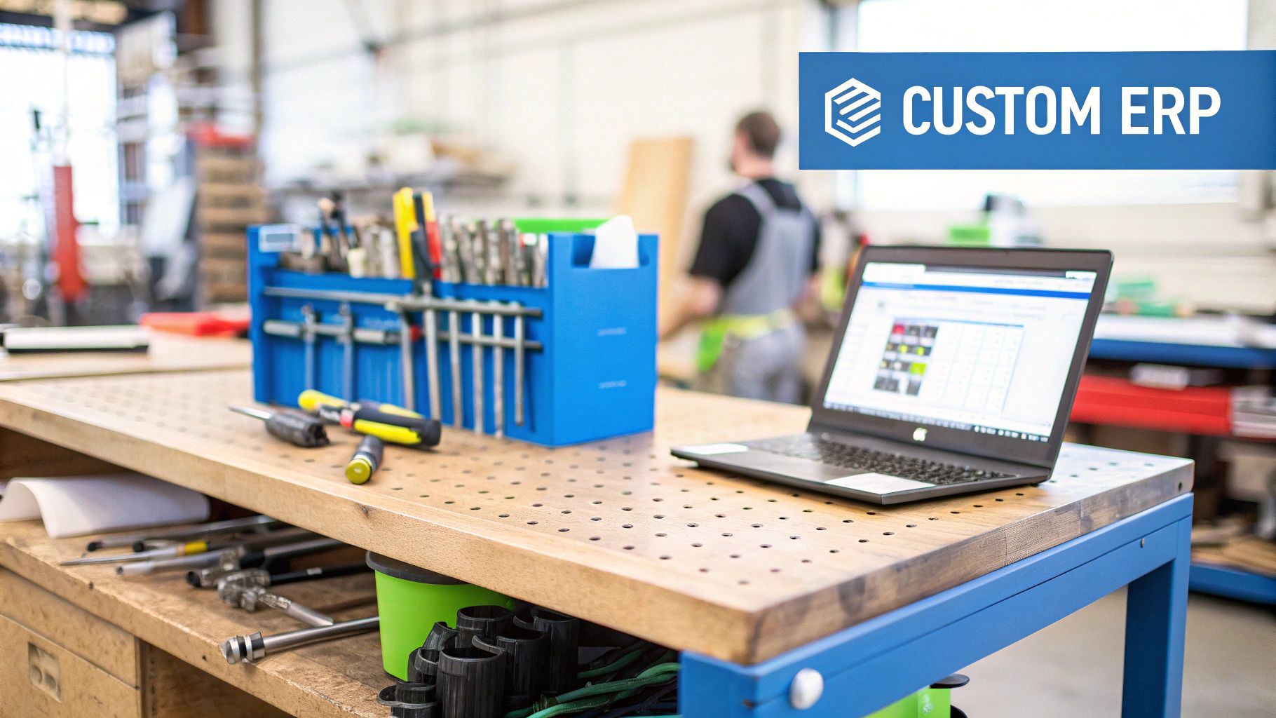A manufacturing professional using a tablet to manage ERP software on the factory floor