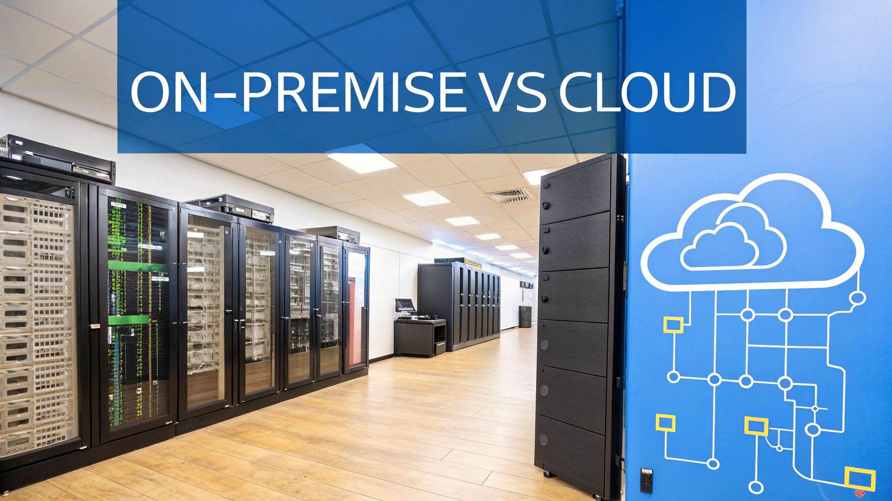 A modern server room is contrasted with a cloud computing icon, representing the choice between on-premise and cloud ERP.