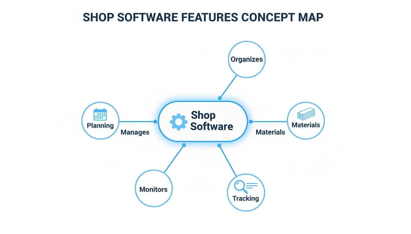 A concept map illustrating shop software features, showing how it manages planning, organizes, monitors, materials, and tracking.