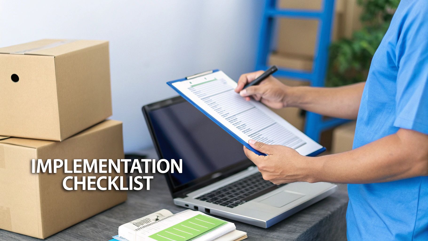 Checklist on a clipboard next to a laptop and coffee.