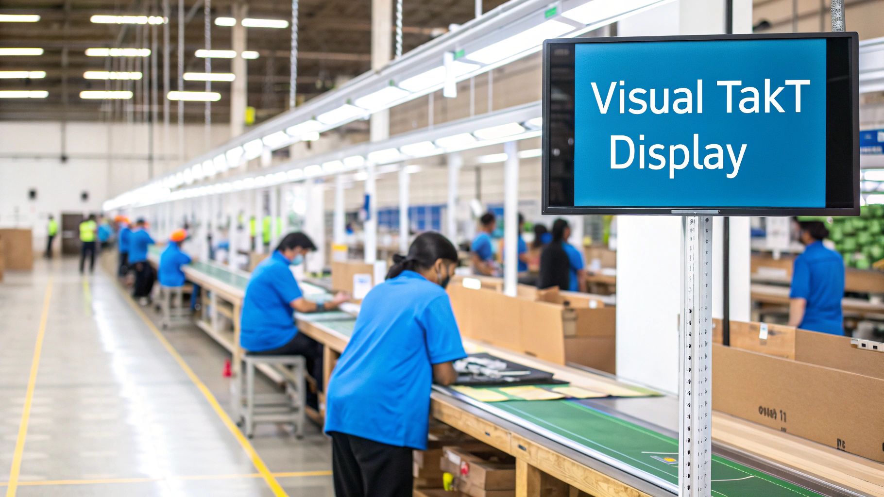 Workers on an assembly line in a manufacturing factory with a 'Visual TakT Display' monitor.