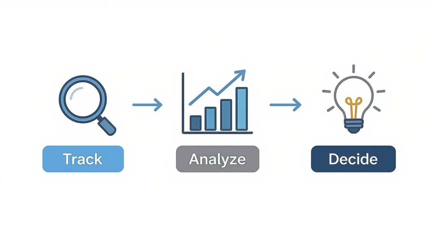 A three-step workflow with icons: Track (magnifying glass), Analyze (chart), and Decide (lightbulb).