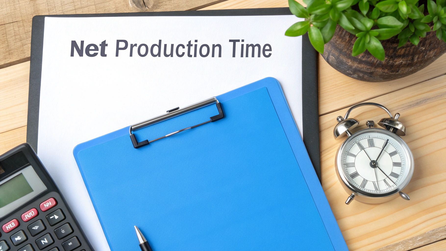 A flat lay shows 'Net Production Time' on paper, with a calculator, clock, and plant on a wooden desk.