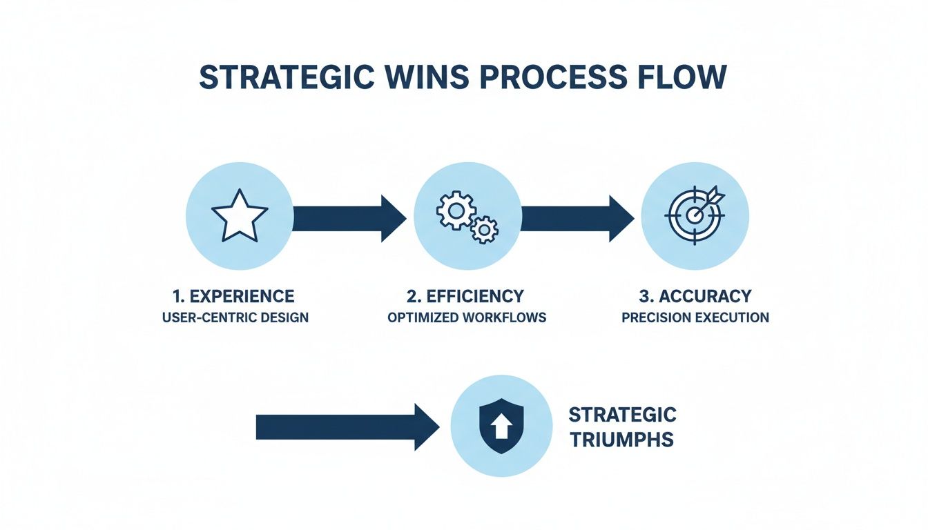 A strategic wins process flow with three steps: Experience, Efficiency, Accuracy, leading to Strategic Triumphs.
