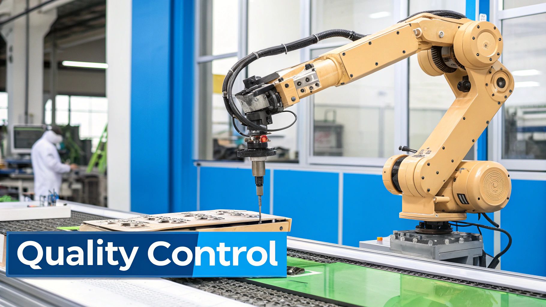 Automated robotic arm working in a modern factory setting